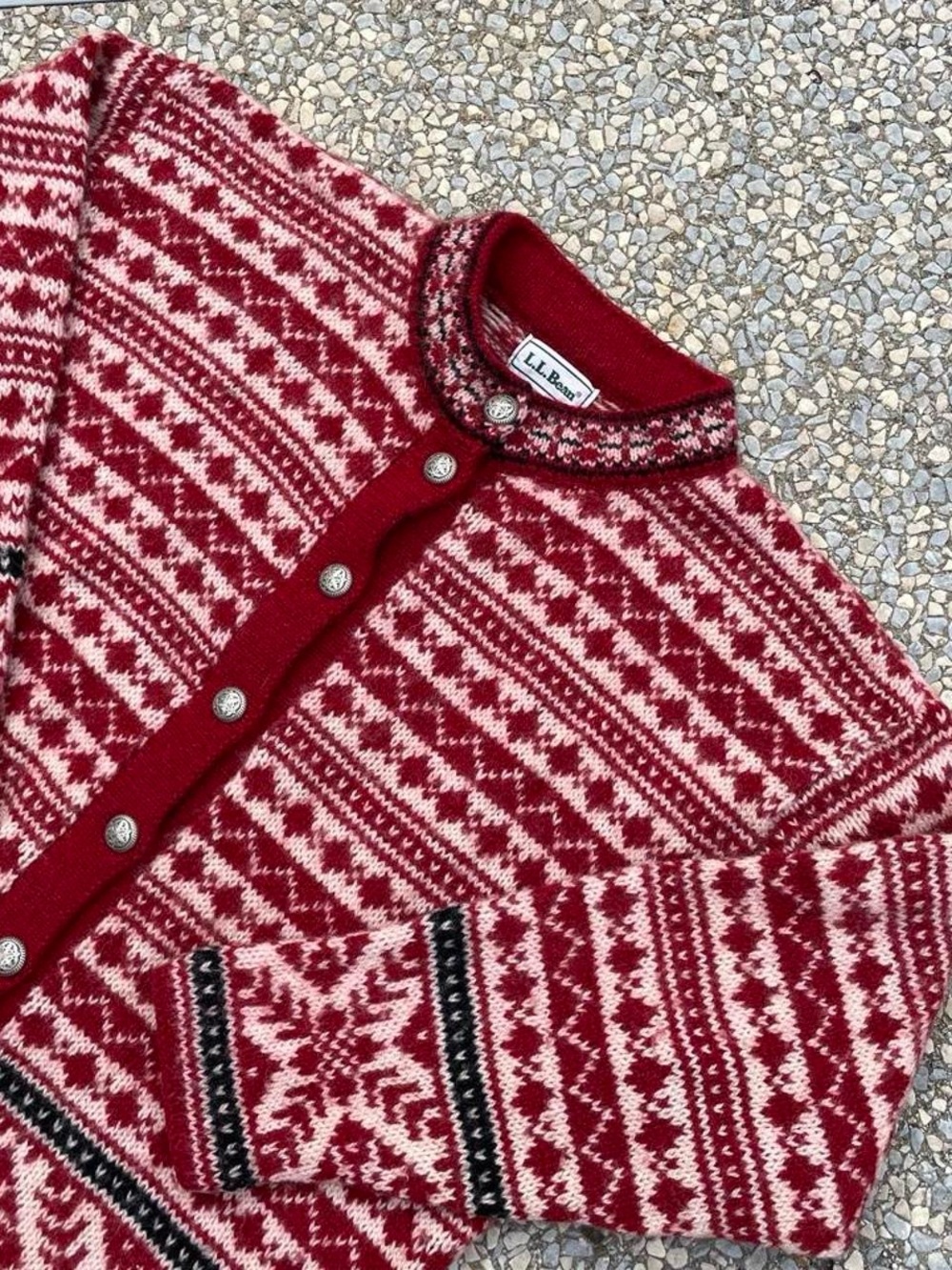 L.L. Bean Red and White Nordic Wool Cardigan